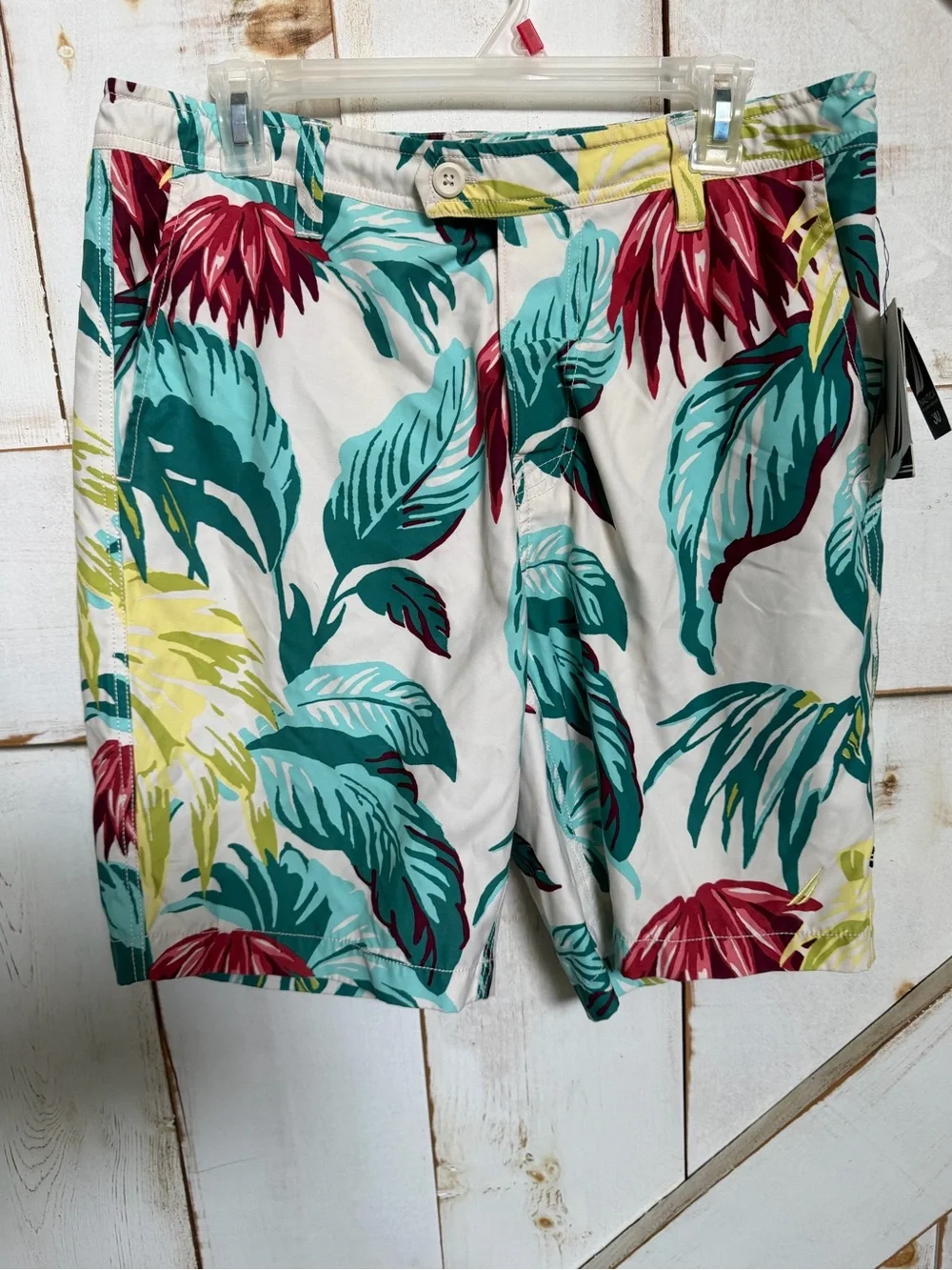 Nautica Men's White Tropical Print Swim Shorts with Teal & Red Leaves 0308